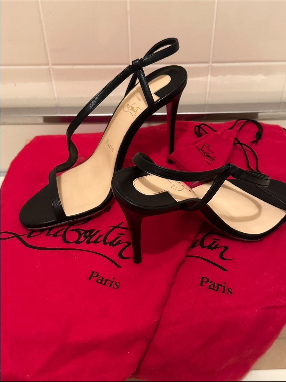 NWB Christian Louboutin Black Leather Open-Toe Stiletto Sandals